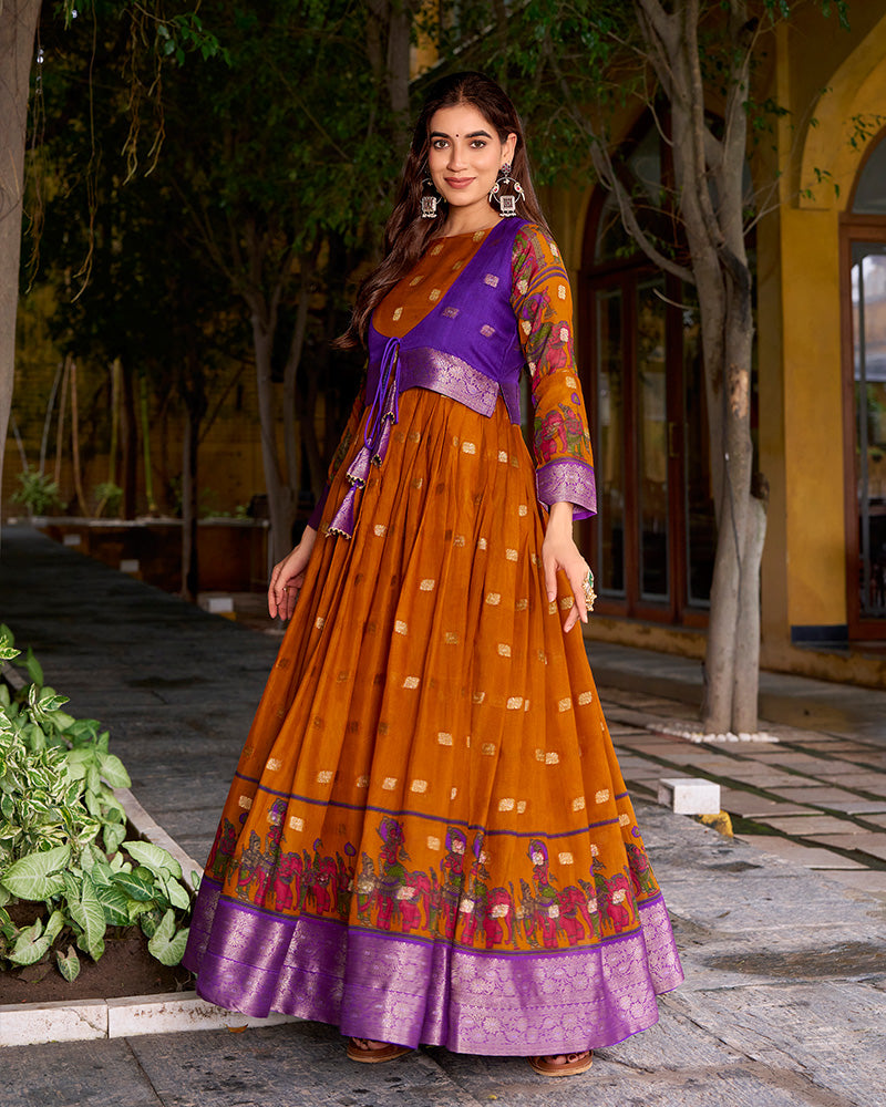 Elegant Mustard Color Poly Cotton Gown With koti