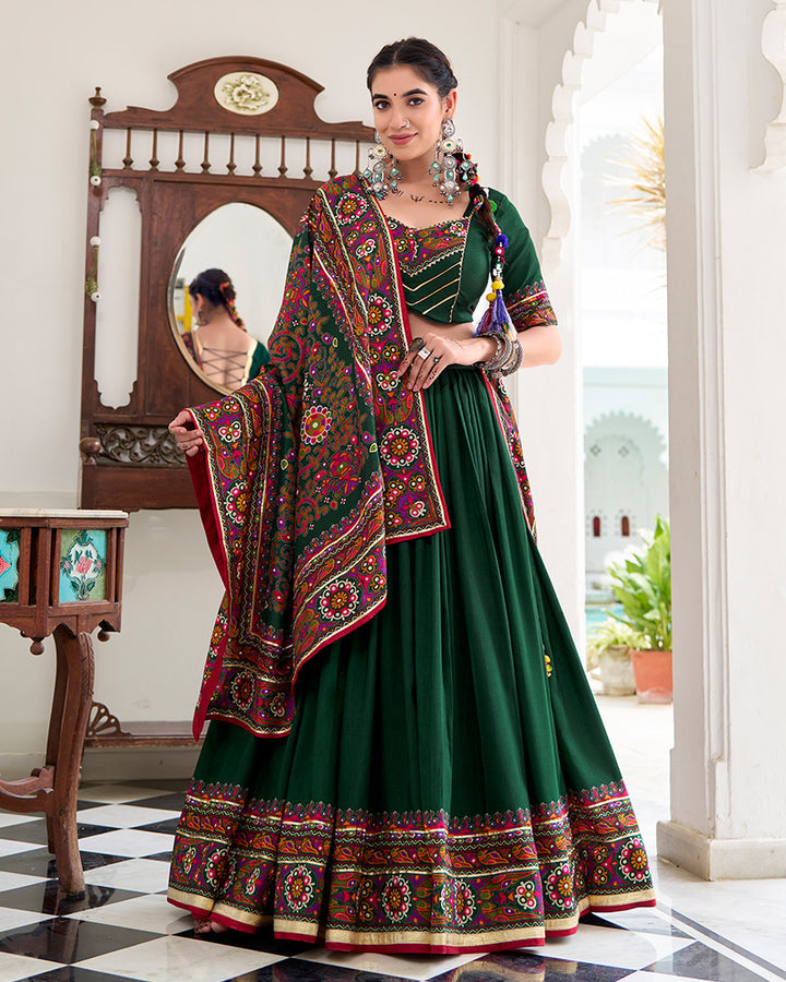 Green Color Tussar Silk Full Stitched Navratri Lehenga Choli