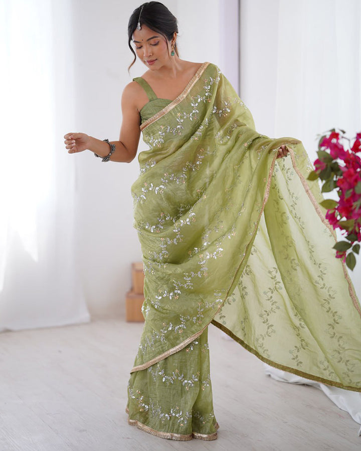 Pista Color Smooth Gold Crush Embroidered Saree