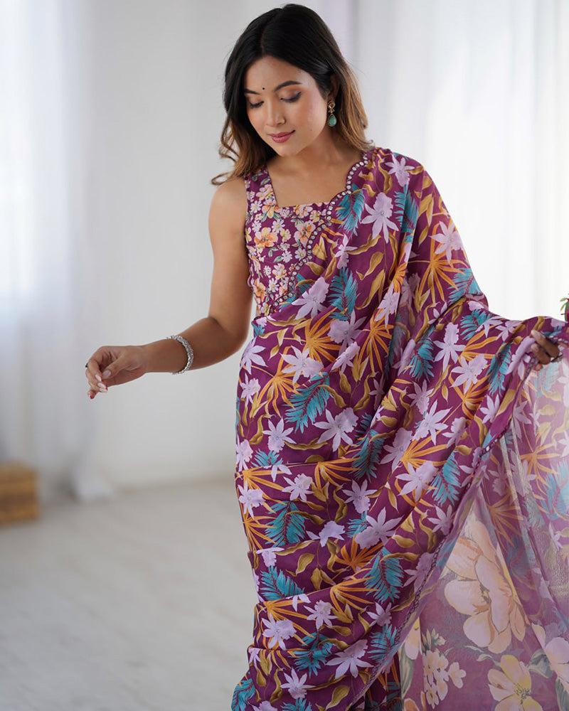 Wine Color Chinnon Silk Mirror Work Saree