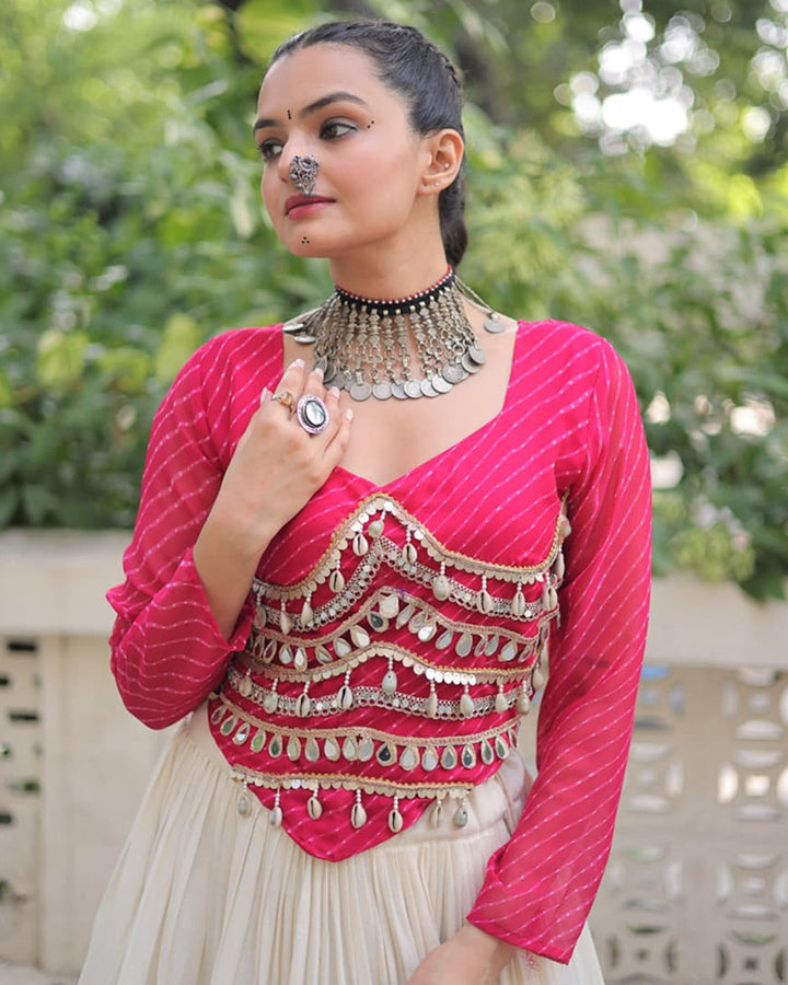 Rani Pink Color Laheriya Print Kurti With Kora Cotton Lehenga