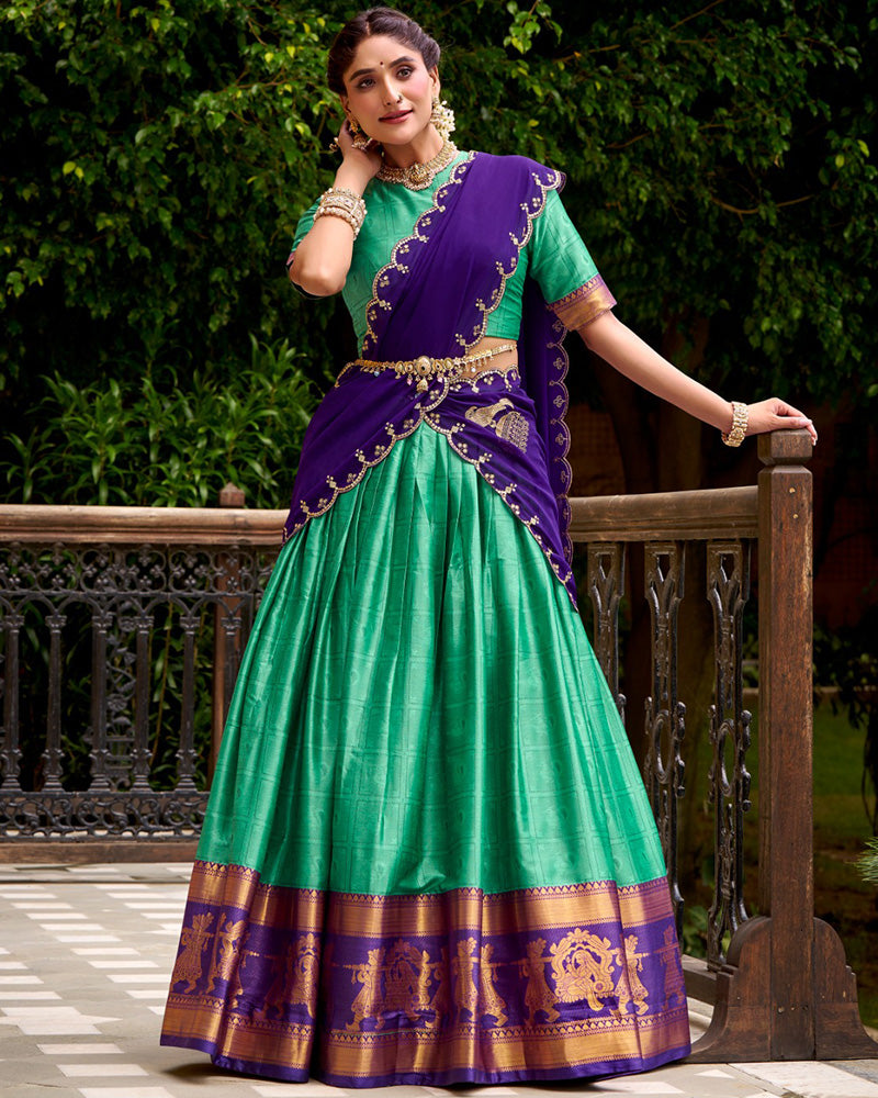 Bottle Green Color Poly Cotton Half Saree