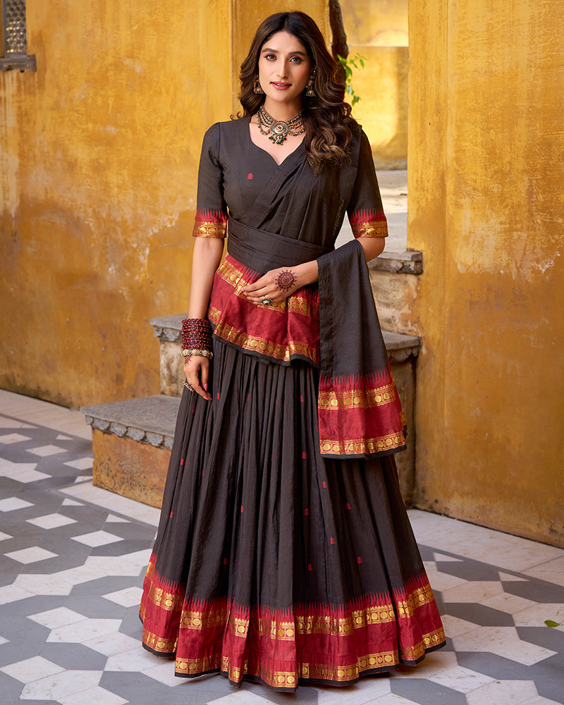 Elegant Black Pure Chanderi Half Saree With Zari Weaving