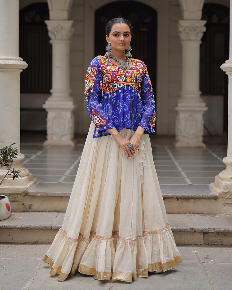Vibrant Gamthi Work Blue Kediya With Off-White Traditional Lehenga