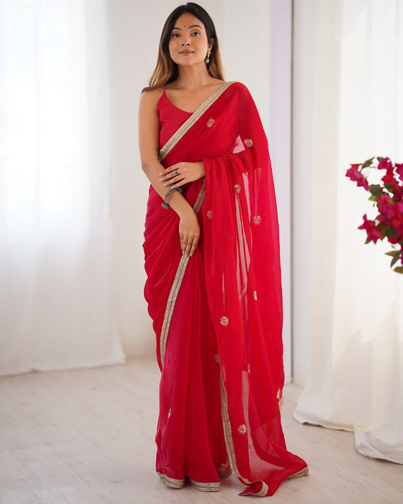Rani Pink Color Smooth Fandy Embroidered Saree
