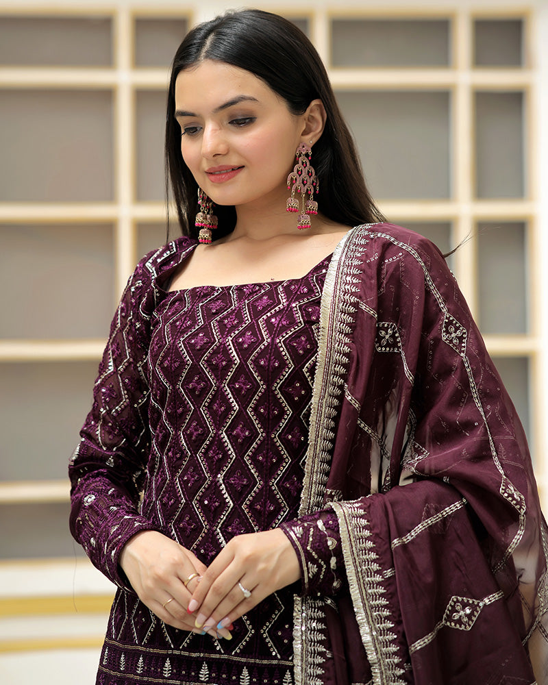 Wine Color Three Piece Sharara Suit