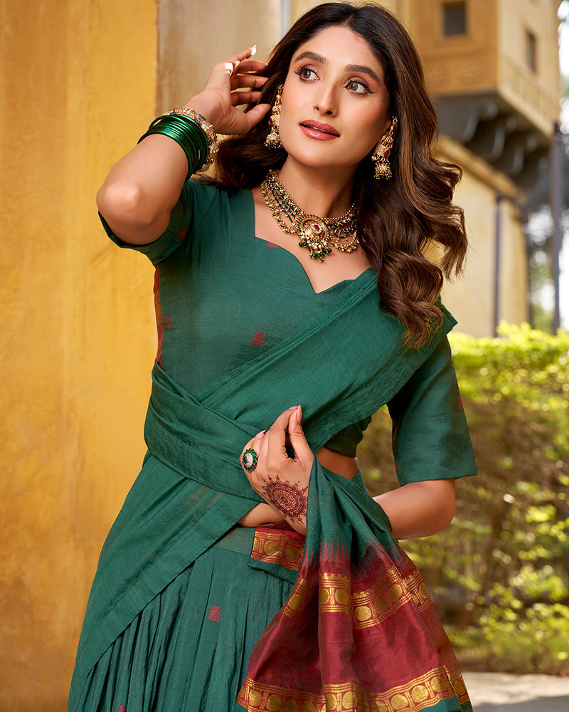 Elegant Teal Green Pure Chanderi Half Saree With Zari Weaving