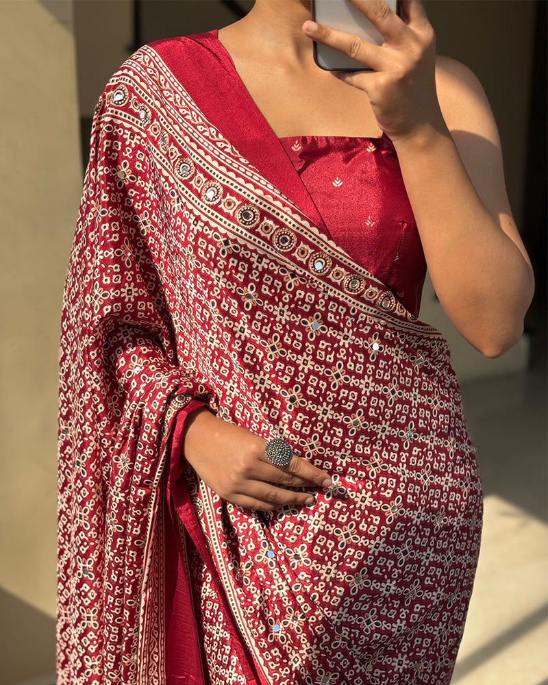 Maroon Color Pure Crape Silk Ajarakh Print Saree