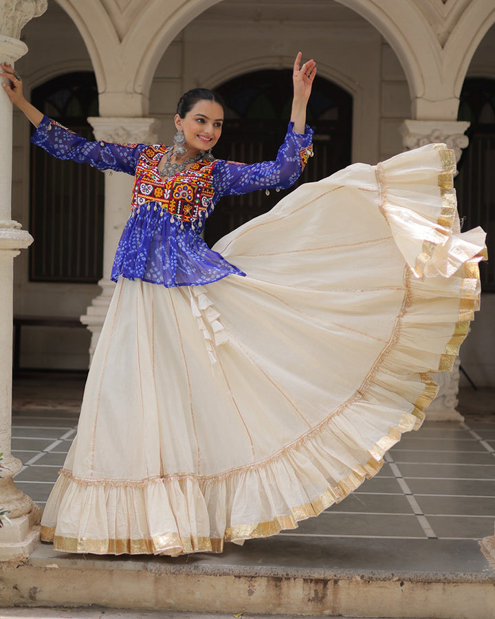 Vibrant Gamthi Work Blue Kediya With Off-White Traditional Lehenga