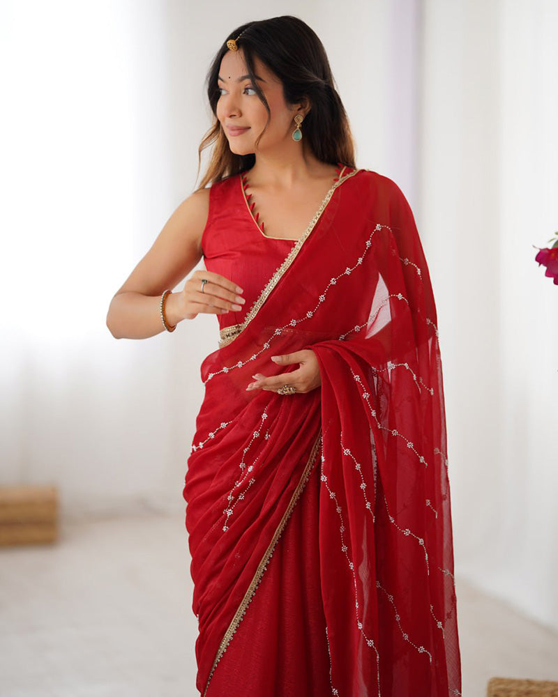 Red Color Smooth Sitara Embroidered Saree