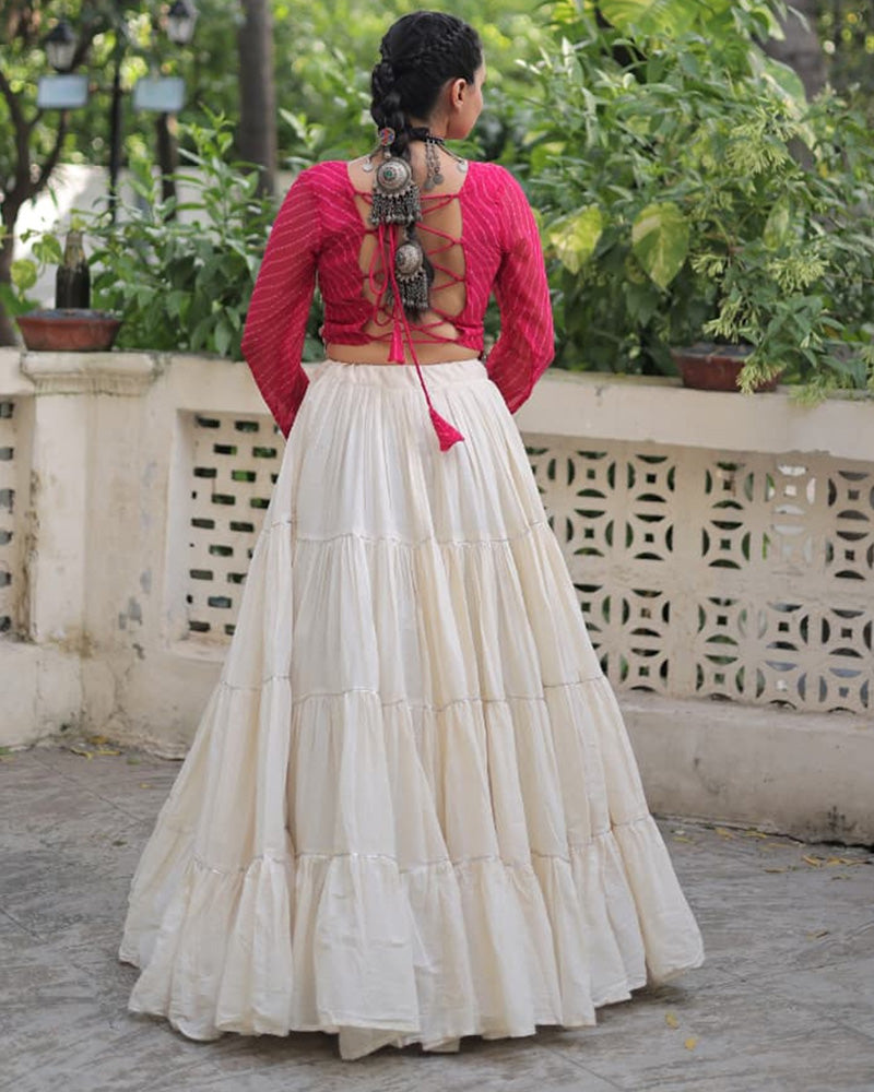 Rani Pink Color Laheriya Print Kurti With Kora Cotton Lehenga