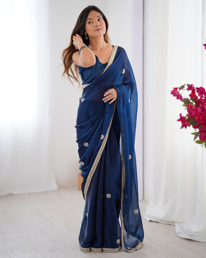 Navy Blue Color Smooth Fandy Embroidered Saree