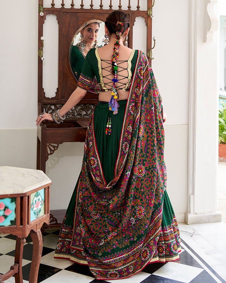 Green Color Tussar Silk Full Stitched Navratri Lehenga Choli