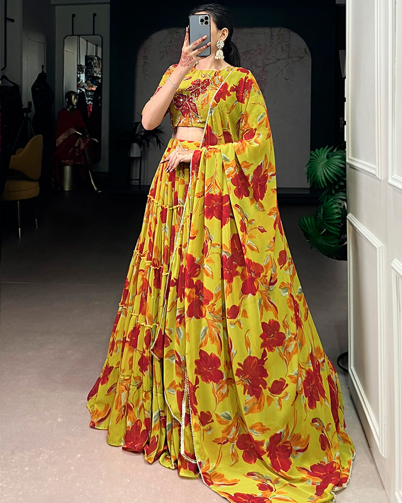Olive Yellow Color Marble Floral Printed Lehenga Choli