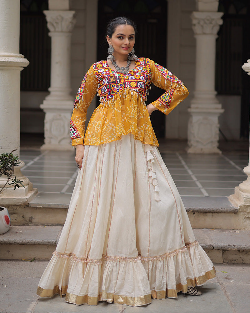 Vibrant Gamthi Work Yellow Kediya With Off-White Traditional Lehenga