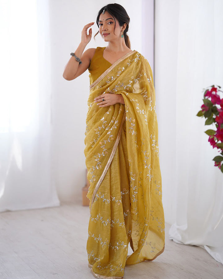 Golden Color Smooth Gold Crush Embroidered Saree