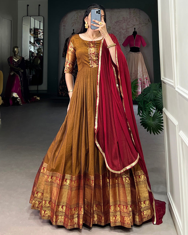 Golden Color Narayan Pet Cotton Zari Weaving Gown