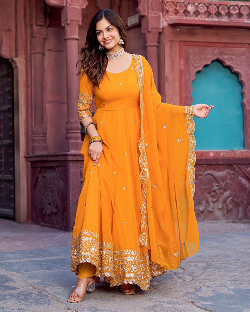 Ethnic Yellow Color Georgette Sequence Embroidered Gown