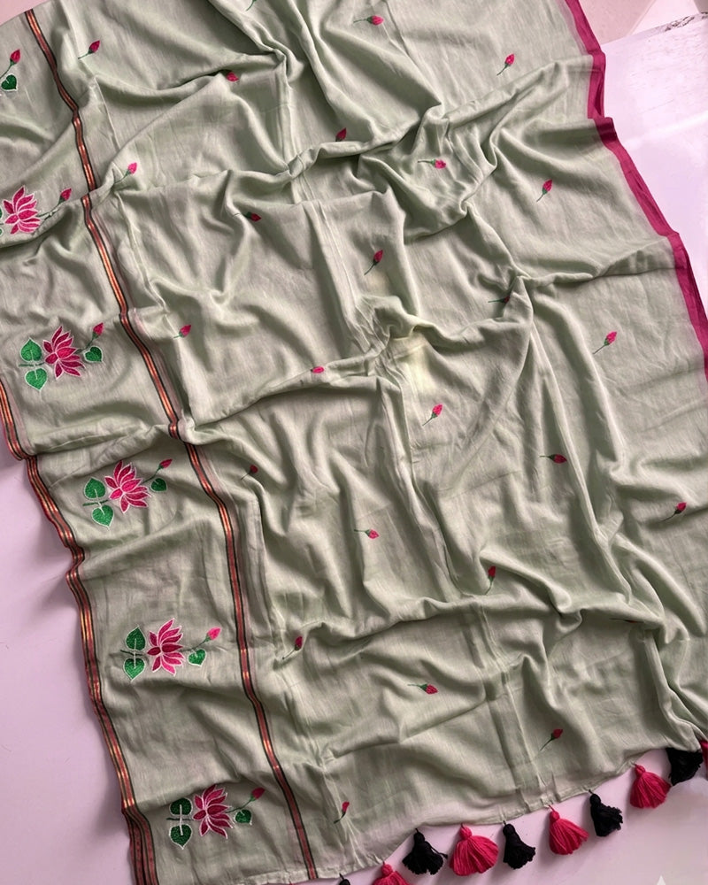 Sea Green Color Pure Mal Cotton Lotus Work Saree