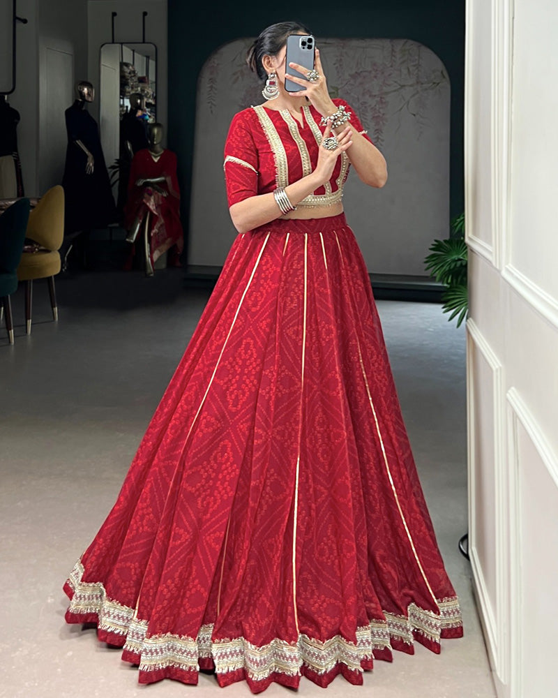 Red Color Chiffon Bandhej Printed Navratri Lehenga Choli