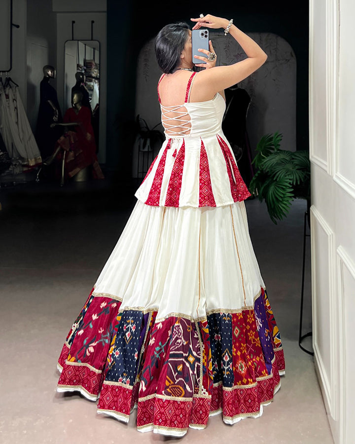 Graceful White Navratri Lehenga Choli With Traditional Prints