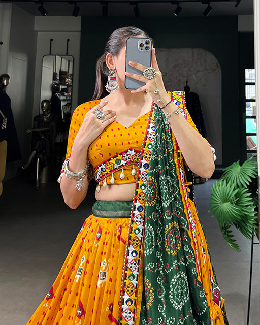 Mustard Color Tussar Silk Patola Printed Navratri Lehenga Choli