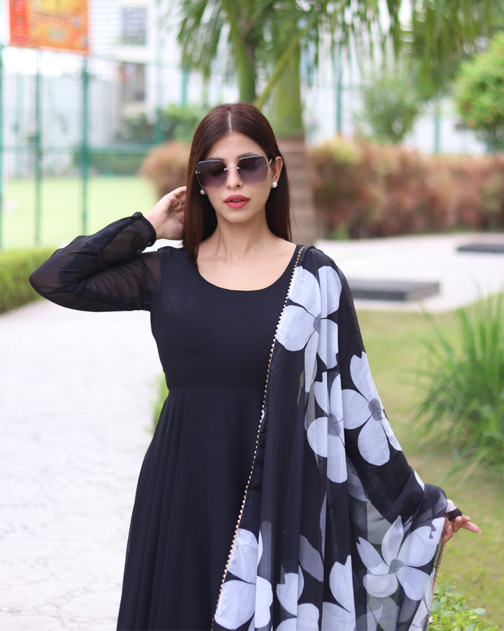 Black Color Soft Georgette Anarkali Gown With Floral Printed Dupatta