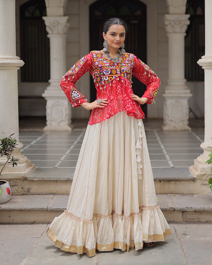 Vibrant Gamthi Work Red Kediya With Off-White Traditional Lehenga