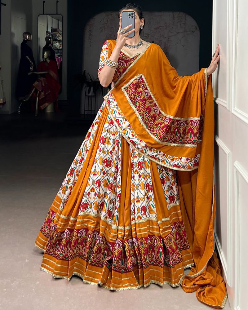 Mustard Color Pure Rayon Printed Silk Navratri Lehenga