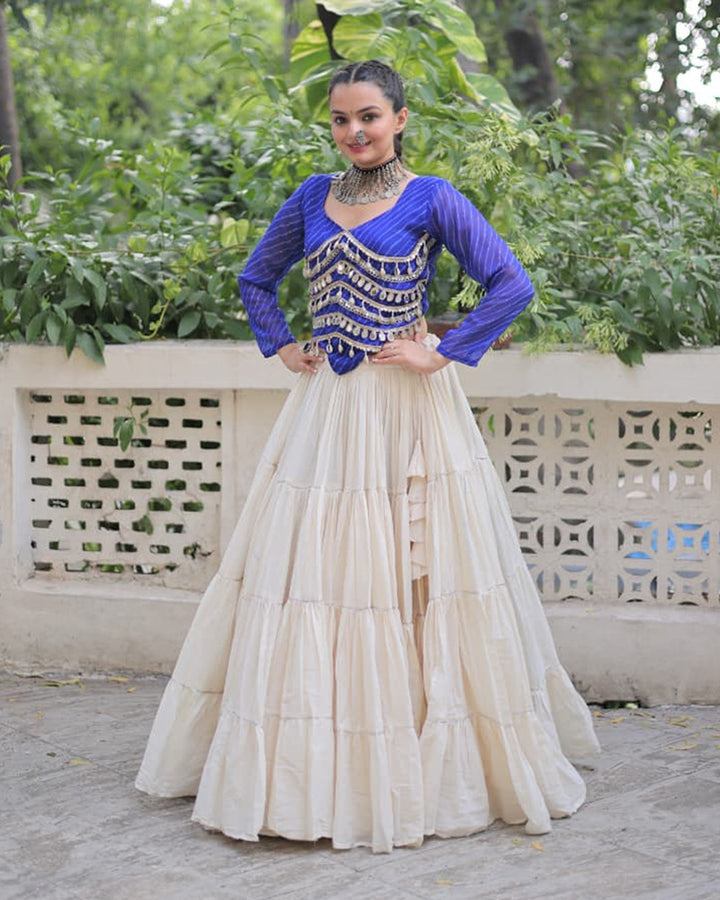 Royal Blue Color Laheriya Print Kurti With Kora Cotton Lehenga