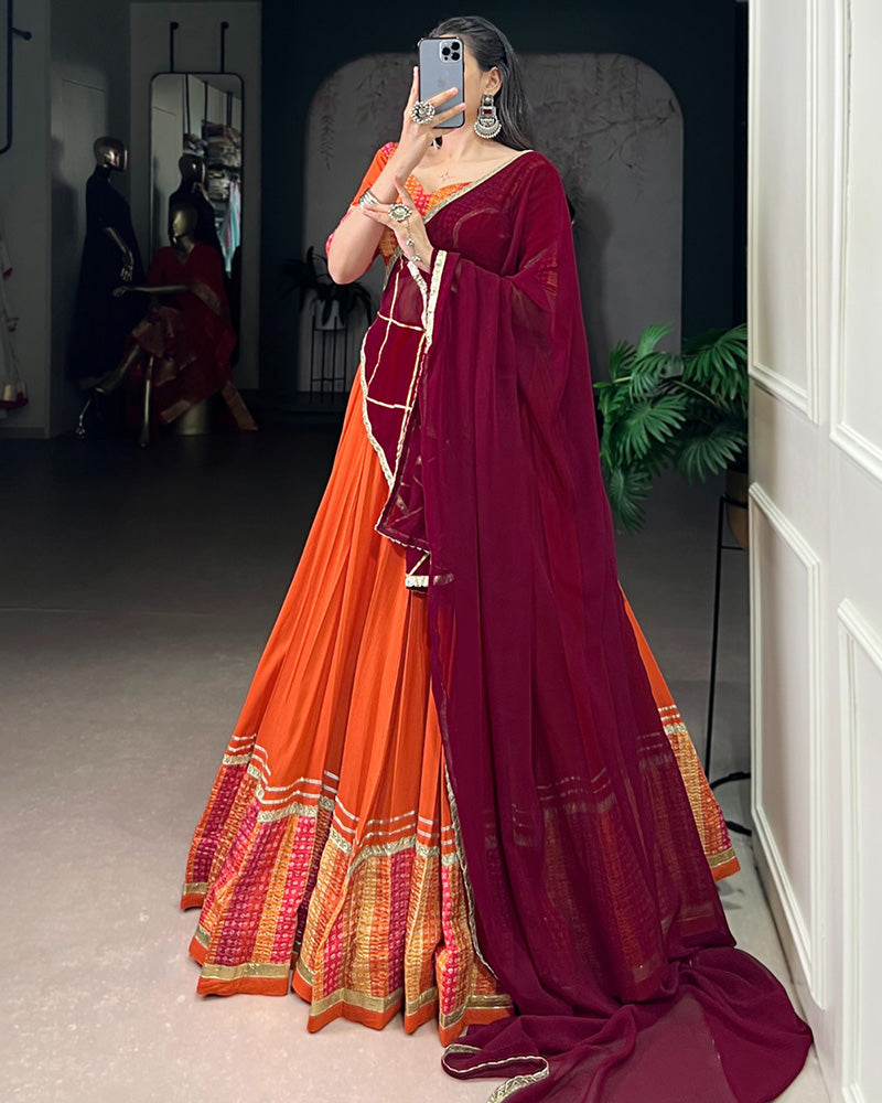 Orange Color Rayon Bnahdej Print Navratri Lehenga Choli