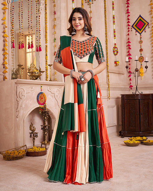 Green Orange Color Viscose Cotton Navratri Chaniya Choli