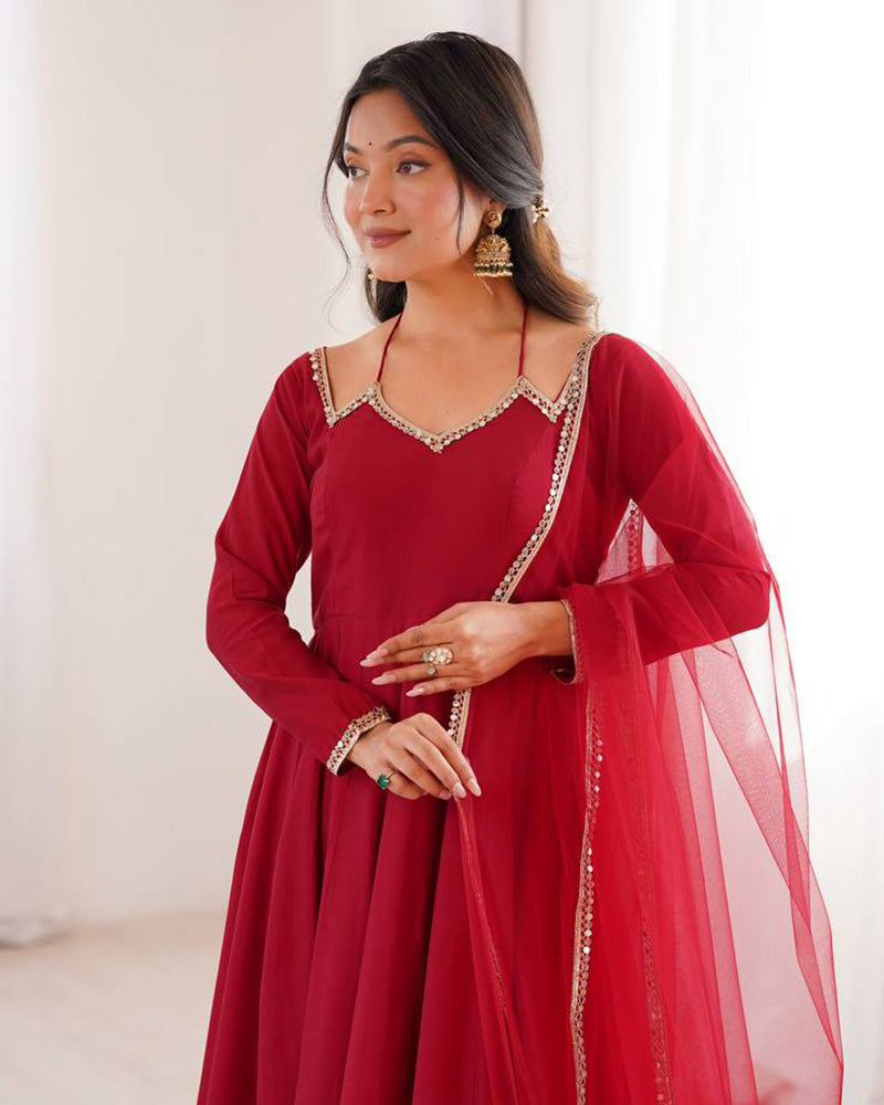 Maroon Color Chanderi Roman Silk Three Piece Anarkali Suit