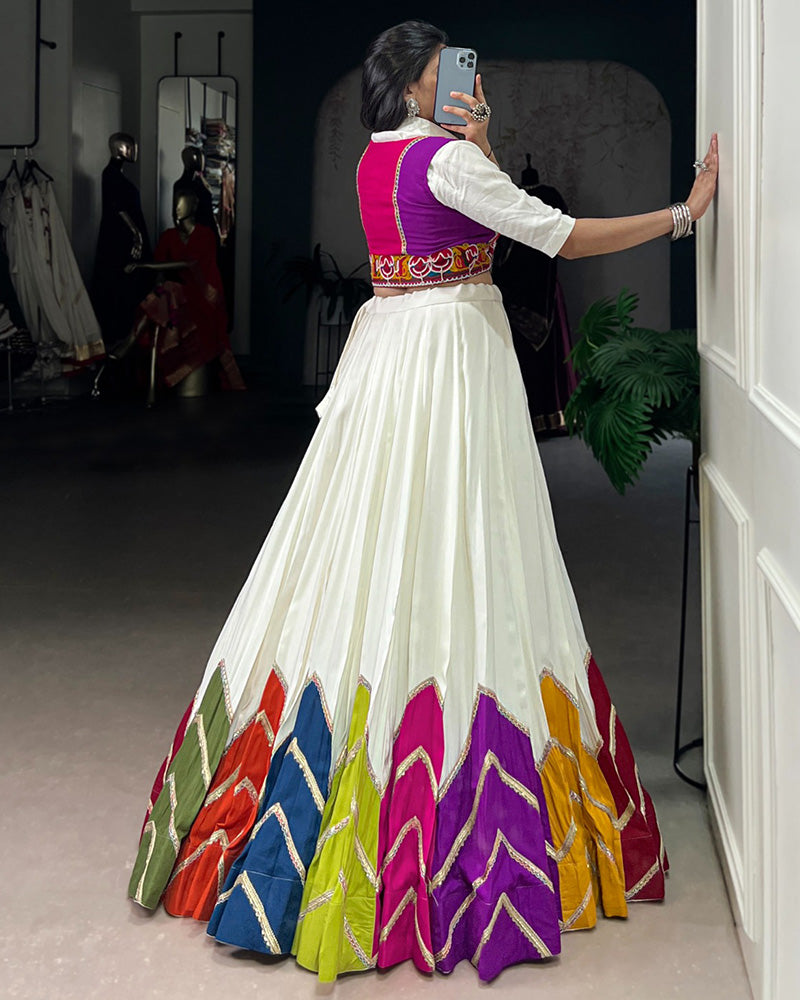 White Rayon Navratri Lehenga Choli WIth Multicolor Border