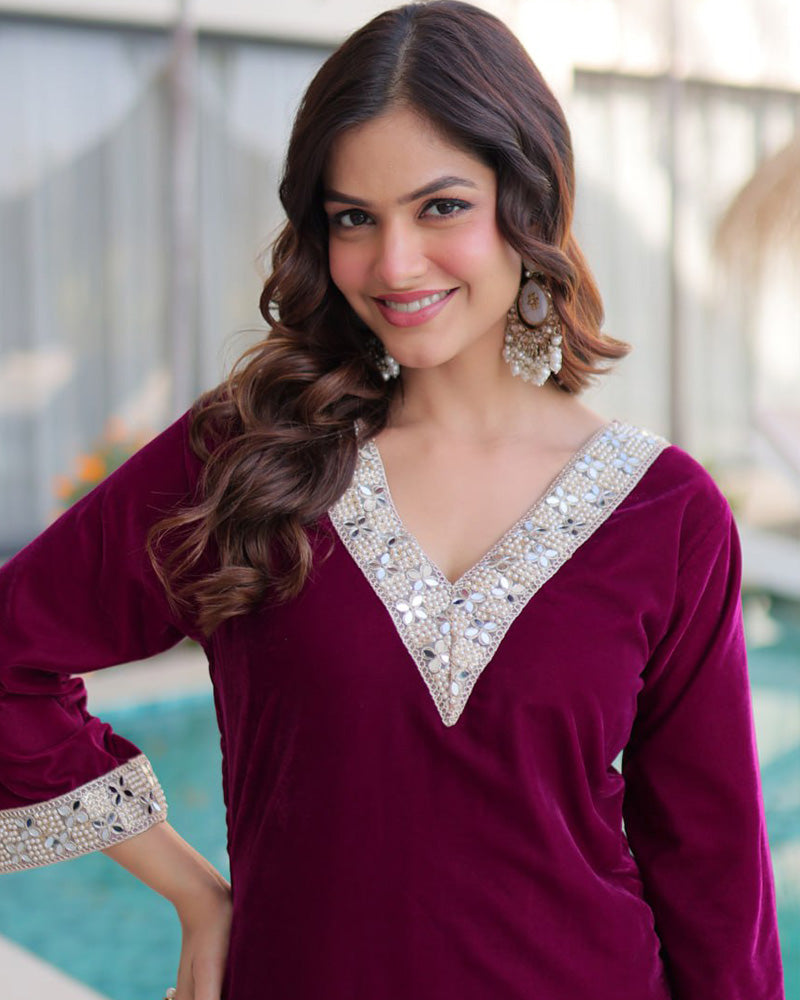 Wine Color Ice Velvet Embroidered Plazzo Suit