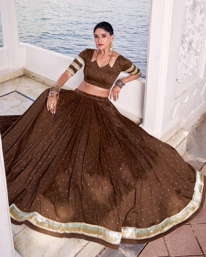 Classic Brown Color Pure Chanderi Navratri Lehenga Choli
