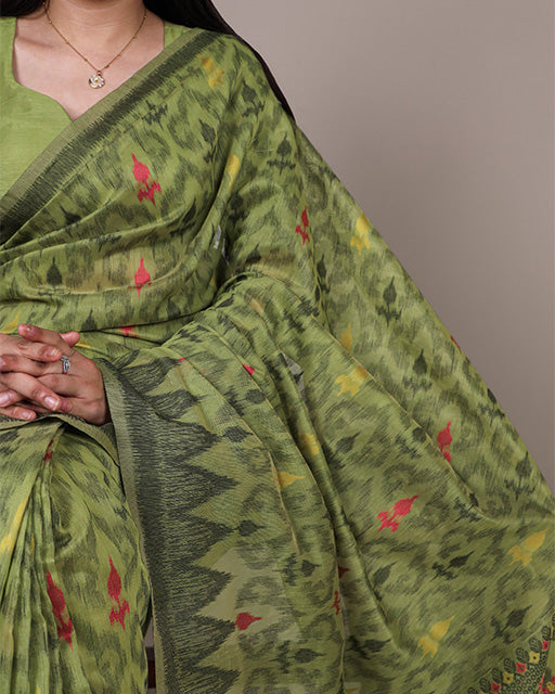 Green Color Thread Weaving Poly Cotton Saree