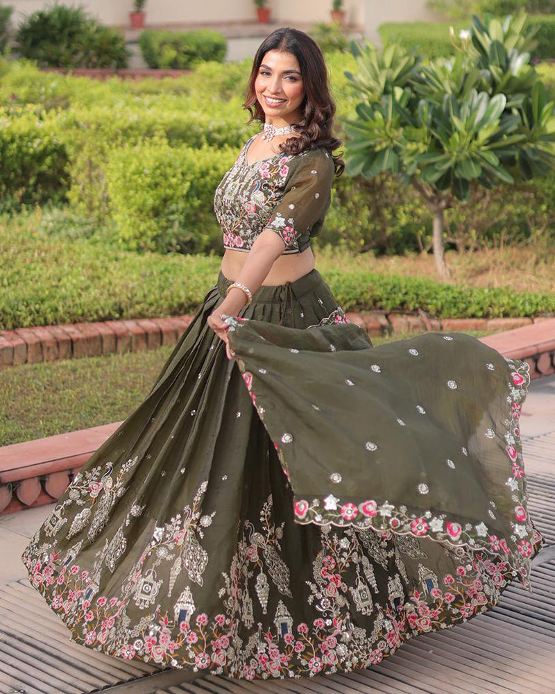 Mehndi Color Gold Crush Embroidered Lehenga Choli