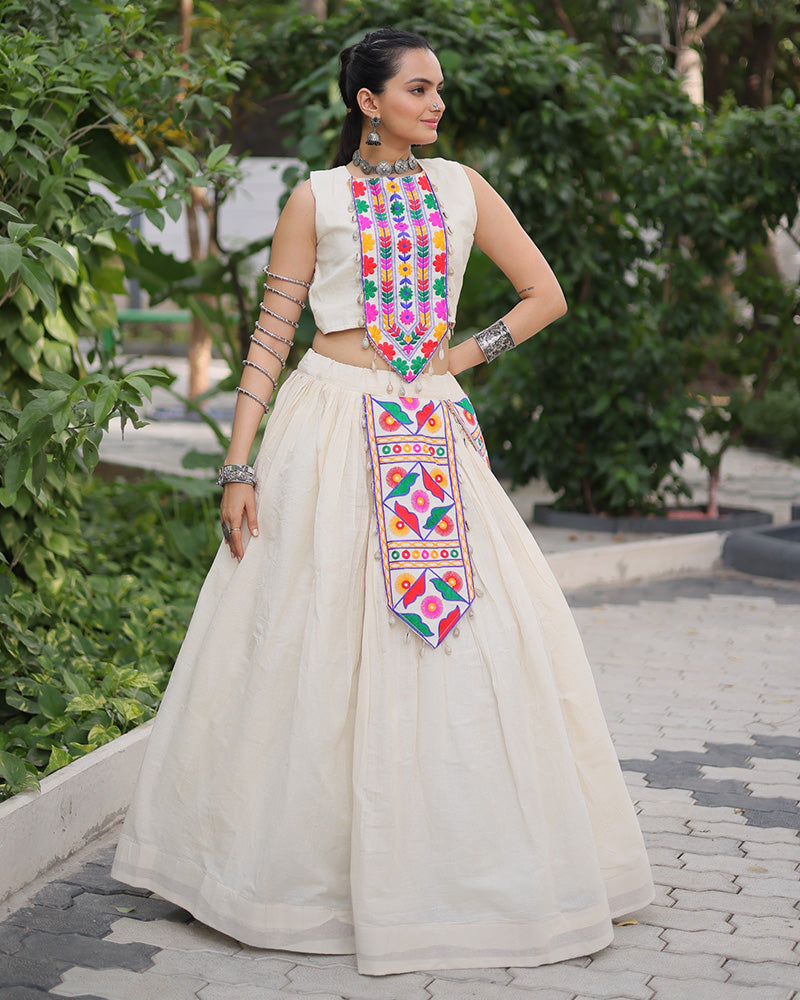 Off-White Color kora Cotton Gamthi Embroidered Navratri Lehenga Choli