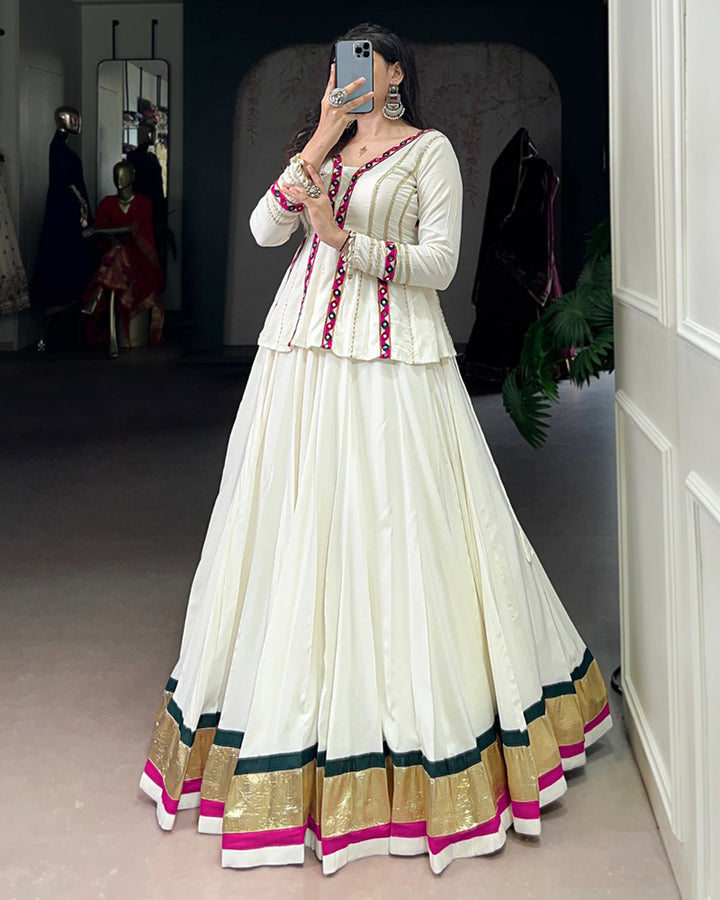 White Color Pure Rayon Embossed Navratri Lehenga Choli