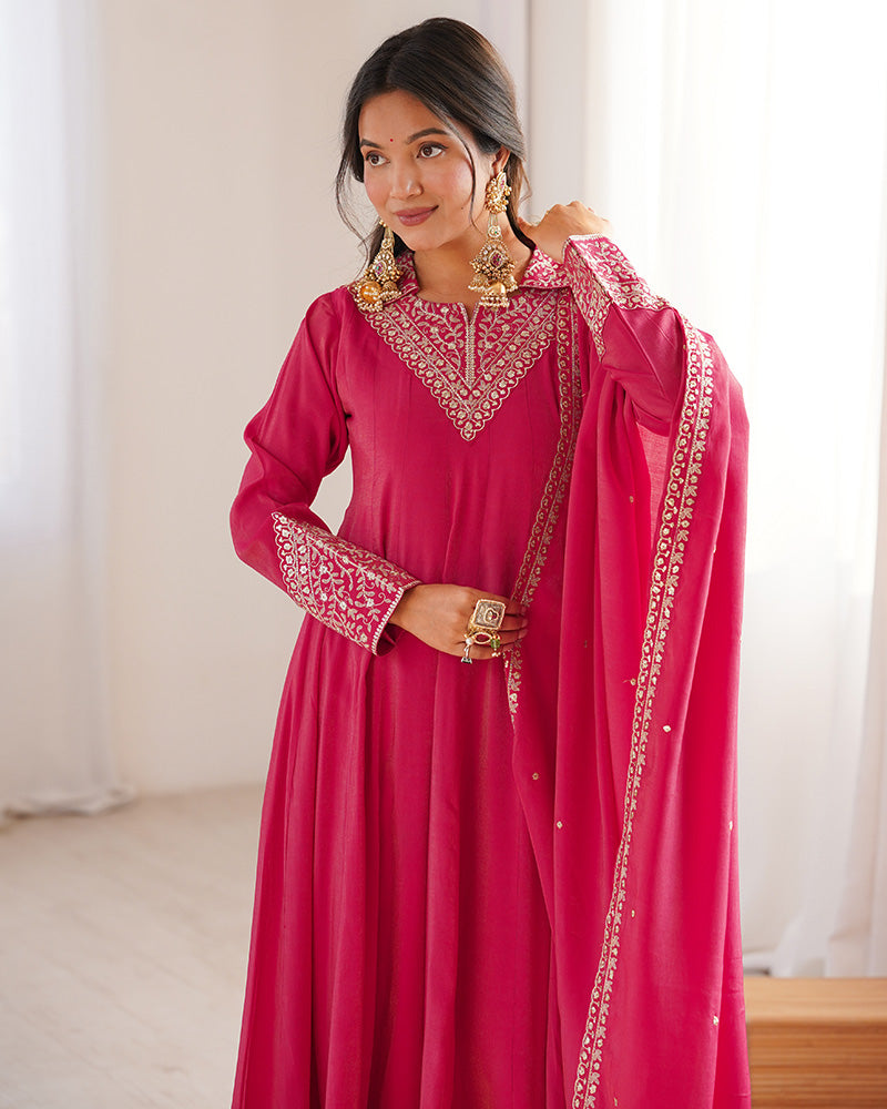 Rani Pink Color Pure Shimmer Silk Anarkali Suit