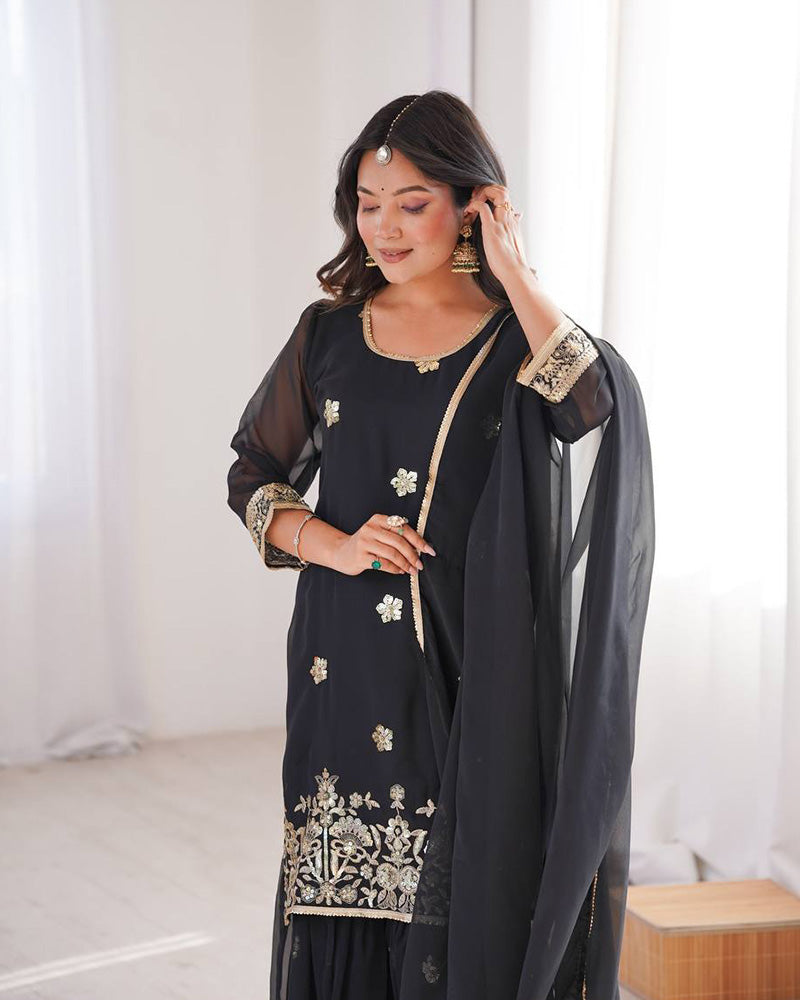 Black Color Soft Georgette Embroidered Sharara Suit