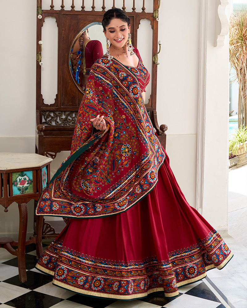 Red Color Tussar Silk Full Stitched Navratri Lehenga Choli