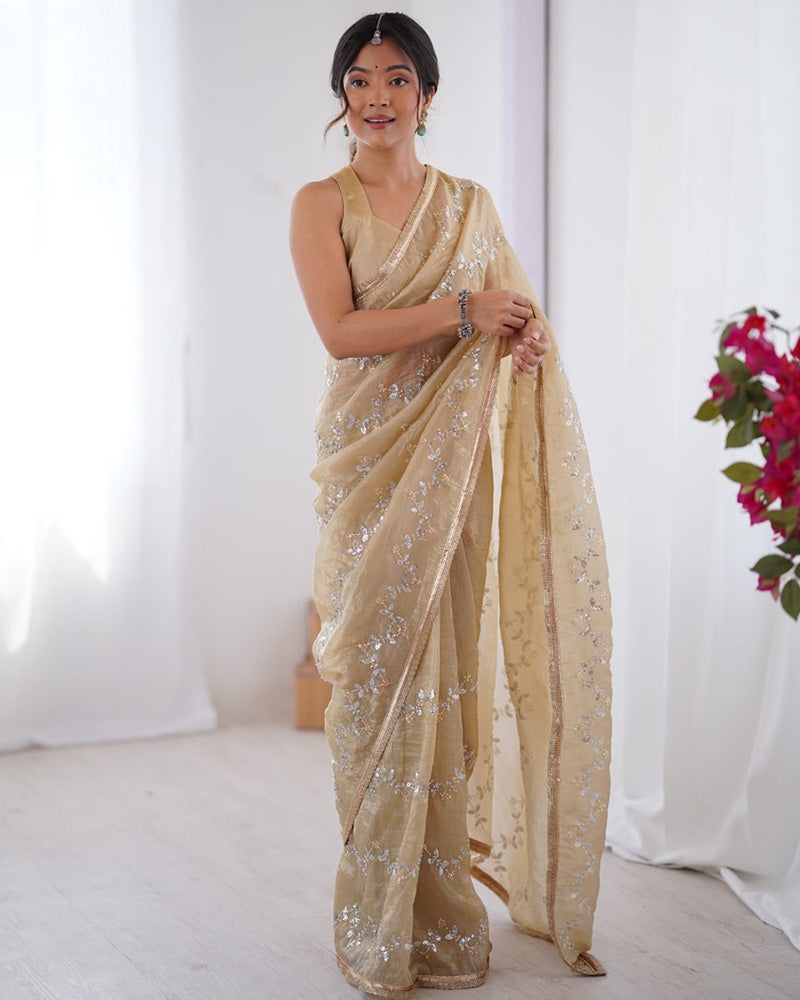 Cream Color Smooth Gold Crush Embroidered Saree