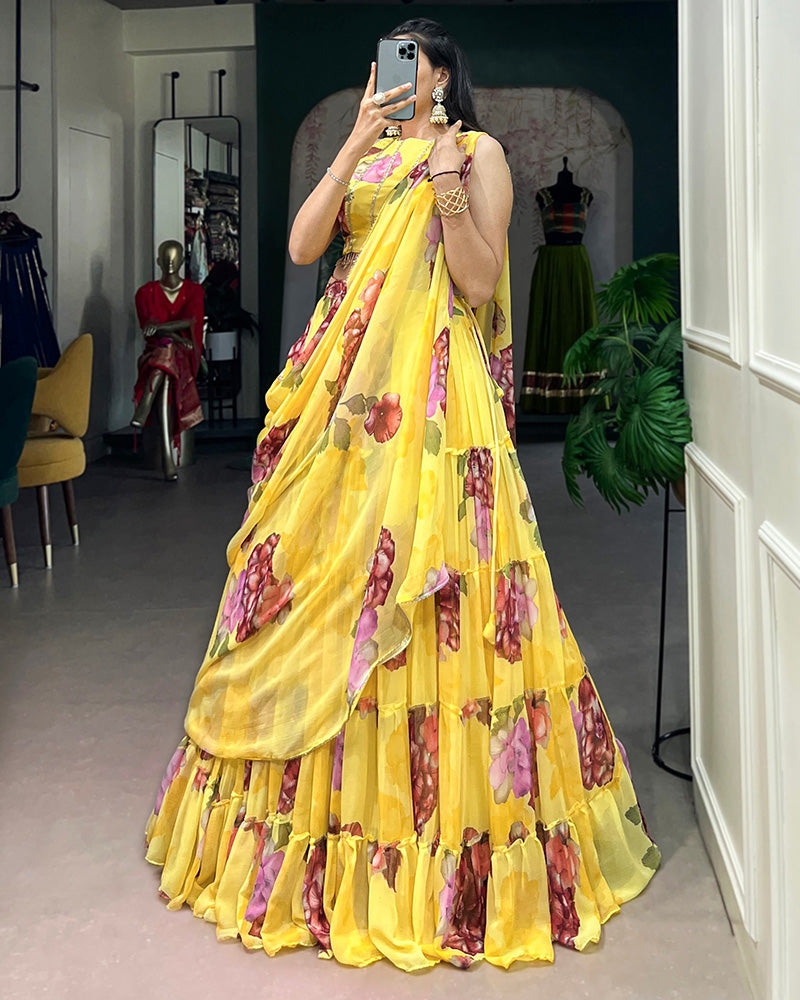 Yellow Color Lightweight Chiffon Printed Lehenga Choli