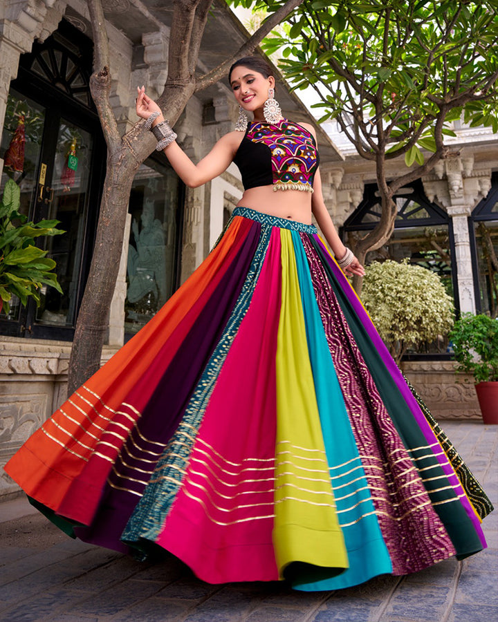 Multi Color Pure Rayon Navratri Lehenga With Black Choli