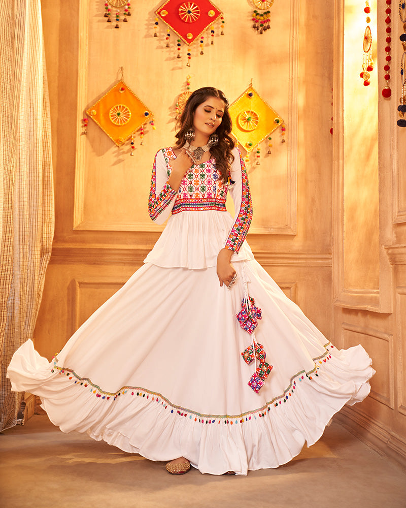 White Color Viscose Rayon Thread And Mirror Work Fully Stitched Navratri Lehenga Choli
