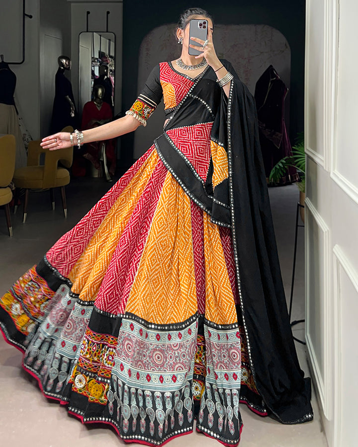 Red And Yellow Bandhej And Ajarakh Print Rayon Navratri Lehenga Choli