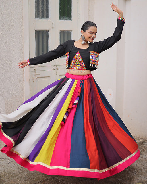 Multi Color Roman Lehenga With Black Koti Style Blouse