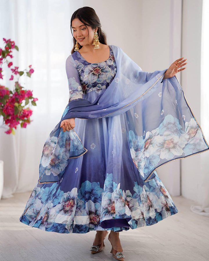 Navy Blue Floral Print Organza Three Piece Anarkali Suit